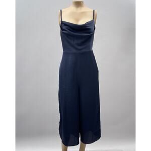 BHLDN Fame and Partners Jumpsuit Women 2 Blue Satin Thais Wide Leg Cropped Event